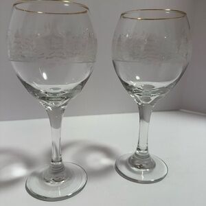 Libbey Arby’s Winter Wonderland Gold Rimmed Etched Wine Glass Set of 2